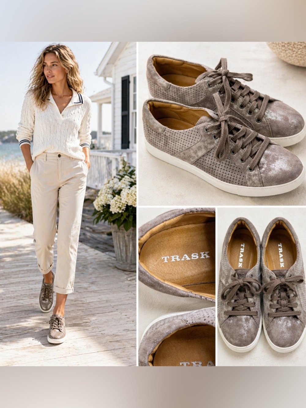 TRASK Metallic Taupe Suede Lace-Up Sneakers Size 8
